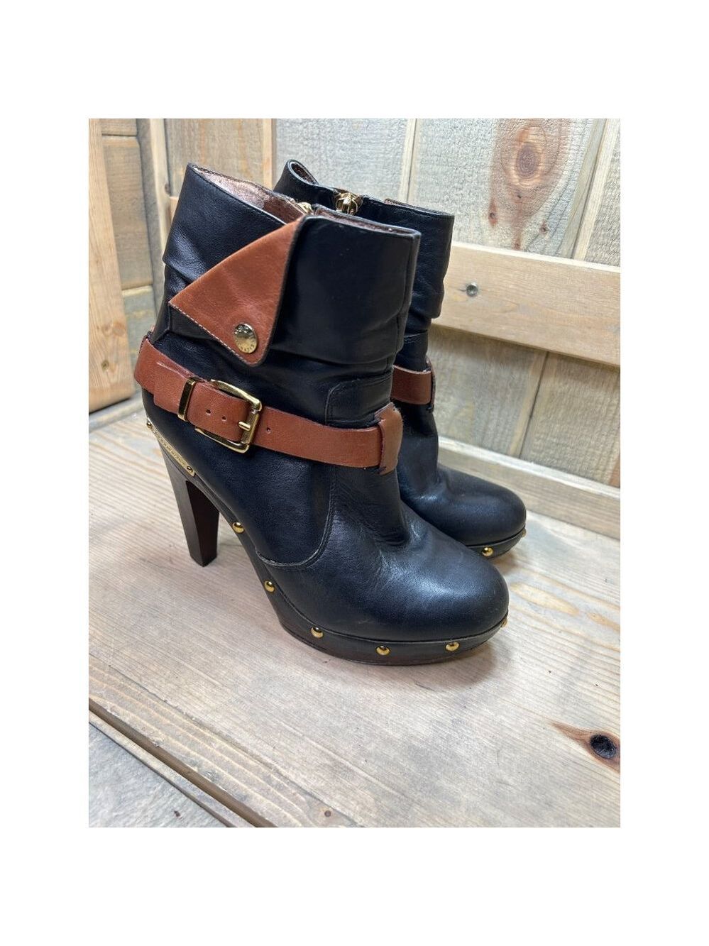 US7 BCBG Generation Leather OUTER High Fall Boots Black Brown - flawed interior - Picture 2 of 11